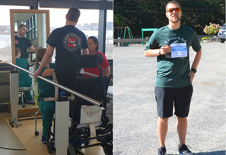 Pierce re-learning to stand, and later taking on a 5K race.
