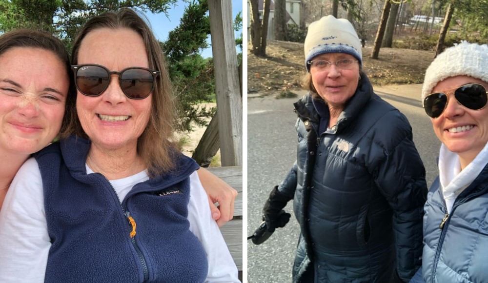 Two photos of daughter Sarah (far left, far right) and her mother Terry outdoors.